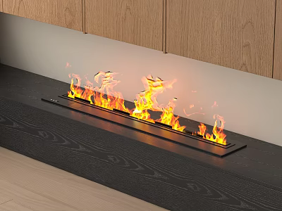 Modern Fireplace With Burning Flames On Black Countertop And Wooden Cabinets 3d model