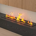 Modern Fireplace With Burning Flames On Black Countertop And Wooden Cabinets