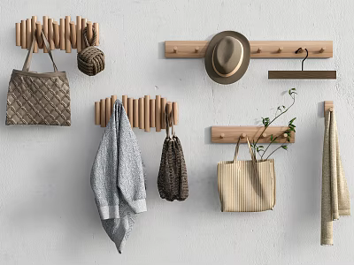 Stylish Wooden Wall Hooks on White Wall with Handbags Hat Towel and Plants 3d model