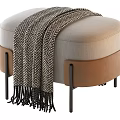Beige And Brown Upholstered Ottoman With Woven Blanket And Black Metal Legs