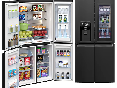 Refrigerator Freezer Open Doors Showing Organized Food Storage And Interior Compartments 3d model
