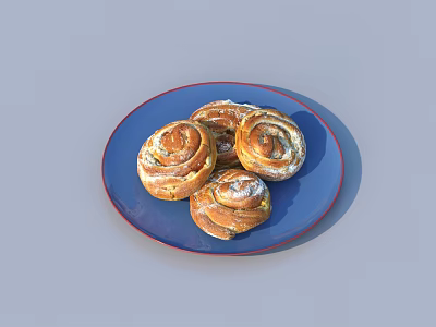 Freshly Baked Cinnamon Rolls on Blue Plate with Powdered Sugar Topping 3d model