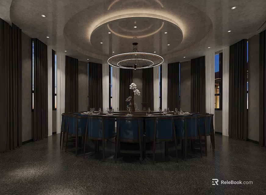 Elegant Private Dining Room Interior With Round Table Blue Chairs Dark Curtains And Chandelier 3d model 