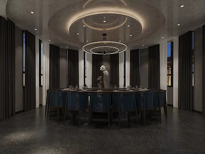 Elegant Private Dining Room Interior With Round Table Blue Chairs Dark Curtains And Chandelier 3d model