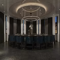 Elegant Private Dining Room Interior With Round Table Blue Chairs Dark Curtains And Chandelier