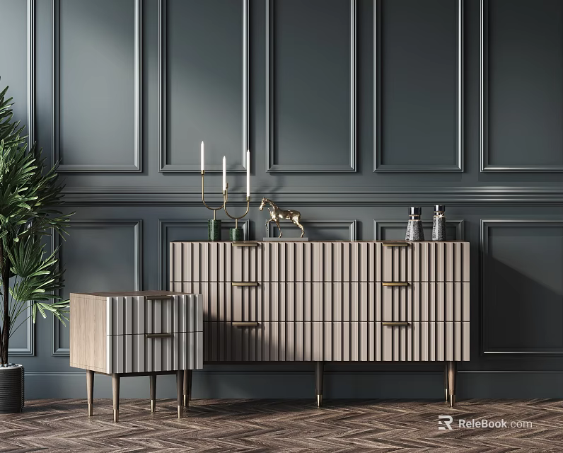 Wooden Chest of Drawers with Vertical Stripe Design Golden Legs Against Dark Gray Paneled Wall 3d model 
