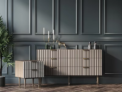 Wooden Chest of Drawers with Vertical Stripe Design Golden Legs Against Dark Gray Paneled Wall 3d model