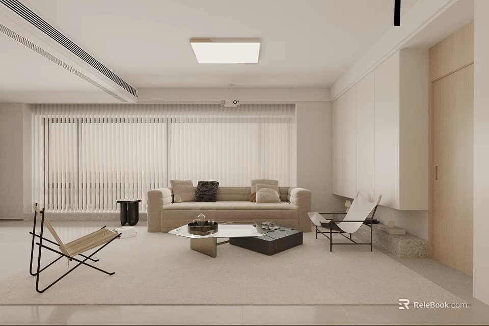 Modern Neutral Tone Minimalist Living Room With Cozy Fabric Sofa And Casual Lounge Chairs 3d model 
