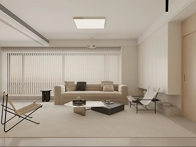 Modern Neutral Tone Minimalist Living Room With Cozy Fabric Sofa And Casual Lounge Chairs 3d model
