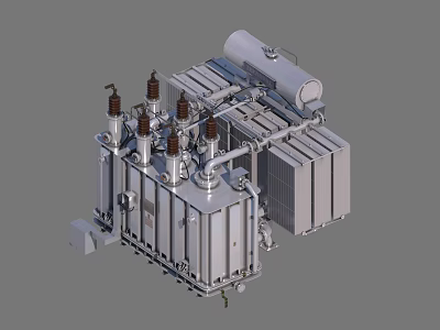 Industrial Transformer with Cylindrical Bushings Radiator Panels and Oil Tank Structure 3d model