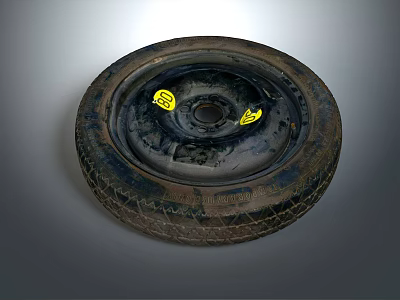 Old Worn Tire with Wheel Rim and Yellow Labels Showing Tread Patterns 3d model