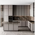 Modern Kitchen With Gray Cabinets Marble Countertop Island And Vertical Striped Backsplash 3d model