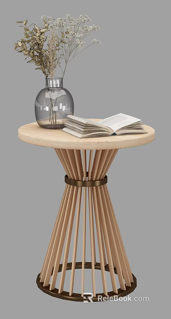 Wooden Round Side Table With Striped Legs Metal Ring Open Book And Transparent Vase 3d model 