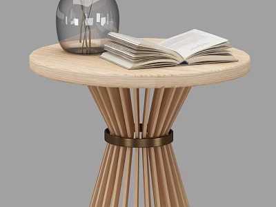 Wooden Round Side Table With Striped Legs Metal Ring Open Book And Transparent Vase 3d model