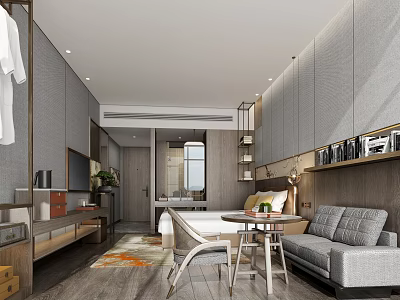 Modern Hotel Guest Room Interior With Bed Sofa TV Natural Light And Shelves 3d model