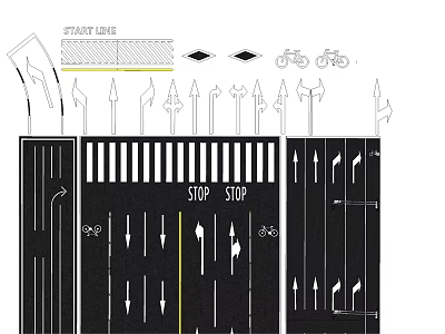 Road Traffic Signs Layout With Directional Arrows Bicycle Icons And Stop Markings 3d model