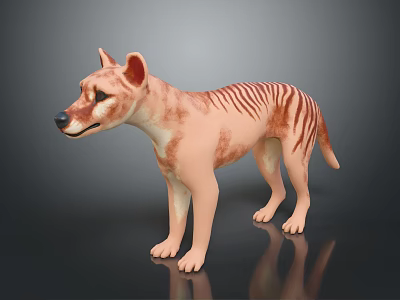 Thylacine 3D Model Light Brown Body Dark Stripes Standing On Black Reflective Background 3d model