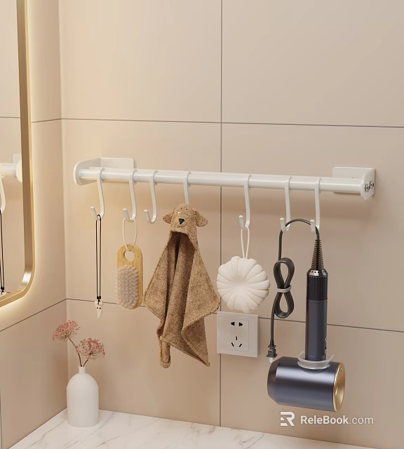 Bathroom Accessories Organized Hanging Rod With Towel Brush Hair Dryer And Hooks On Wall 3d model 