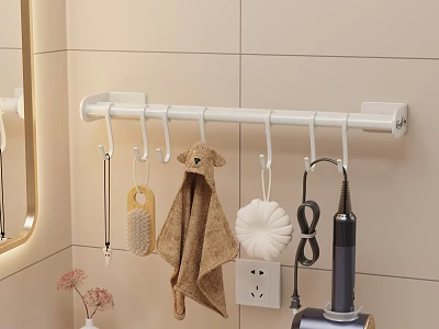 Bathroom Accessories Organized Hanging Rod With Towel Brush Hair Dryer And Hooks On Wall 3d model