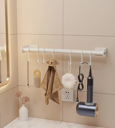 Bathroom Accessories Organized Hanging Rod With Towel Brush Hair Dryer And Hooks On Wall 3d model