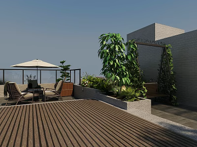 Roof Terrace Outdoor Seating Area With Wooden Deck Umbrella Green Plants And Brick Wall 3d model