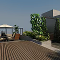 Roof Terrace Outdoor Seating Area With Wooden Deck Umbrella Green Plants And Brick Wall