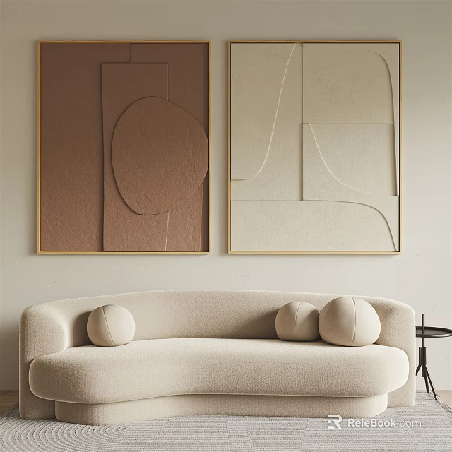 Abstract Wall Art With Beige Sofa Round Cushions And Small Black Side Table 3d model