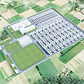 Industrial Factory Complex With Rows of Buildings Green Fields and Wind Turbines