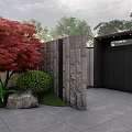 Modern Courtyard Garden With Stone Walls Red Maple Tree Green Plants And Stone Slab Flooring