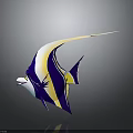 Colorful Blue Yellow White Striped Fish with Elongated Tail on Dark Background and Shiny Reflection