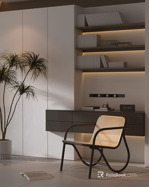 Modern Minimalist Interior Accent Chair With Woven Design Bookshelf Desk And Potted Plant 3d model 