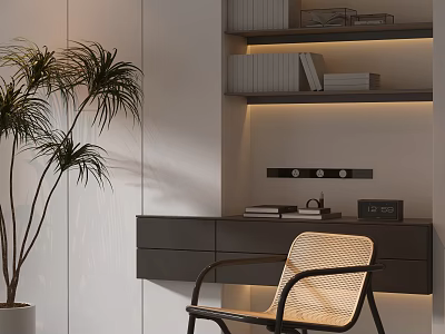 Modern Minimalist Interior Accent Chair With Woven Design Bookshelf Desk And Potted Plant 3d model