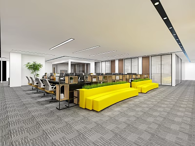 Modern Public Office Space With Yellow Benches Desks Chairs And Green Plants 3d model