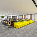 Modern Public Office Space With Yellow Benches Desks Chairs And Green Plants