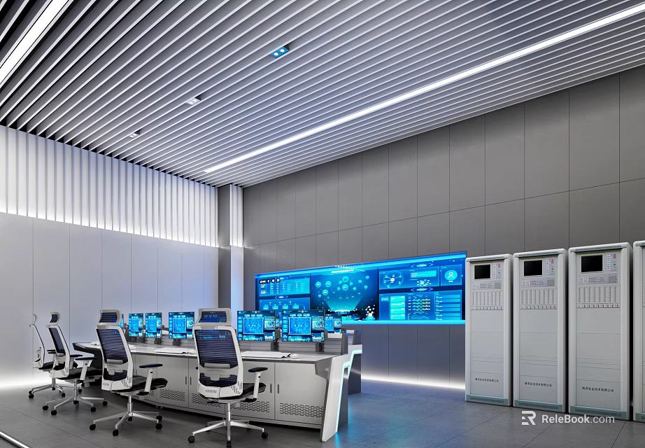 Modern Control Room Interior With Multiple Monitoring Screens Workstations And Server Racks 3d model 