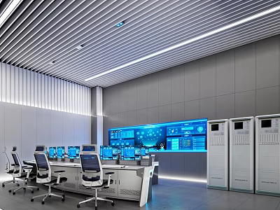 Modern Control Room Interior With Multiple Monitoring Screens Workstations And Server Racks 3d model