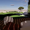 Garden Landscape Design With Wooden Pergola White Chairs Green Plants And Grass Area