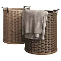 Natural Wicker Laundry Baskets With Gray Towels For Home Laundry Organization Supplies