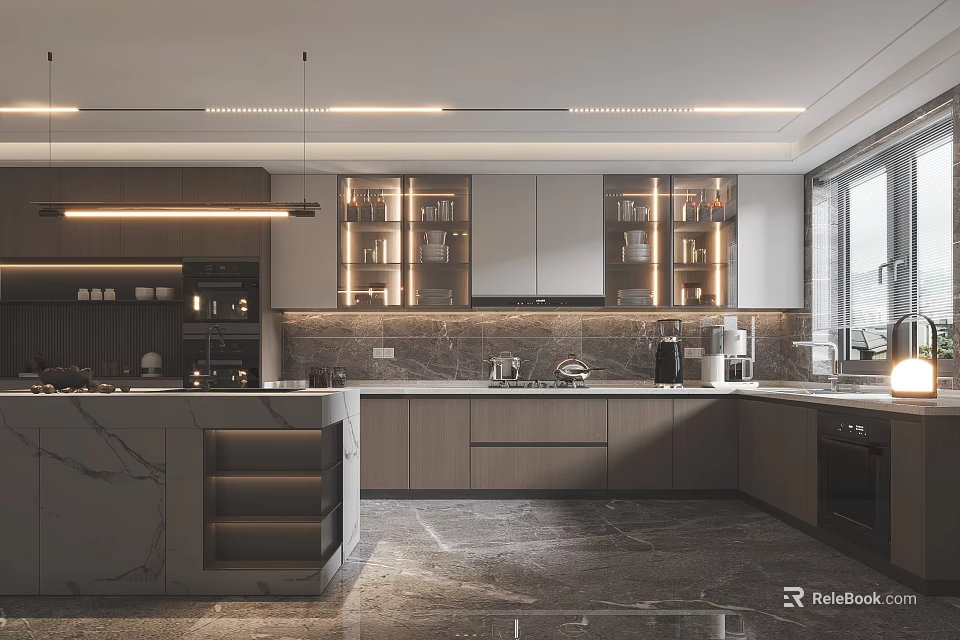 Modern Kitchen Interior Design With Marble Island Countertop Cabinets Lighting Appliances And Natural Light 3d model 