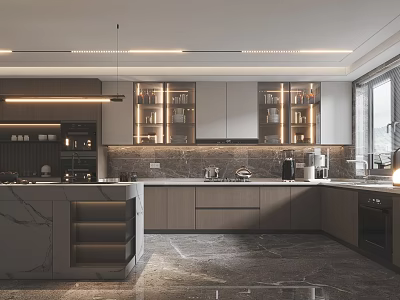 Modern Kitchen Interior Design With Marble Island Countertop Cabinets Lighting Appliances And Natural Light 3d model
