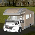 Luxury Motorhome Parked On Driveway Near Large House With Green Lawn