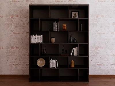 Stylish Black Bookshelf With Books Decorative Vases Photo Frame And Ornaments Against Brick Wall Background 3d model