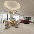 Modern Living and Dining Room With Purple Sofa Circular Rug And Floor to Ceiling Windows
