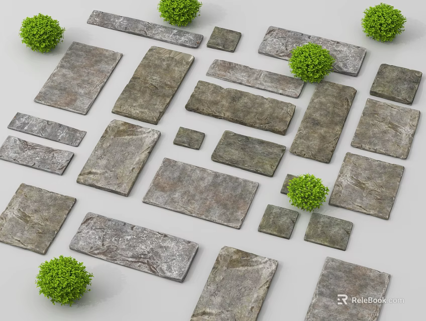 Garden Path Paving Design With Various Shaped Stone Slabs And Green Shrubs 3d model