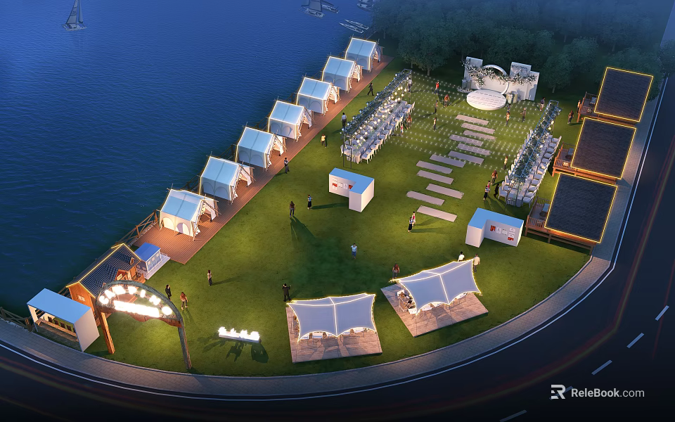 Waterfront Garden Landscape With White Pavilions Green Lawn And Event Areas 3d model 