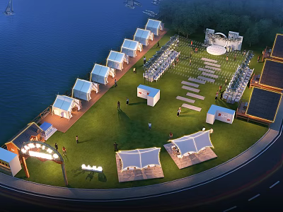 Waterfront Garden Landscape With White Pavilions Green Lawn And Event Areas 3d model