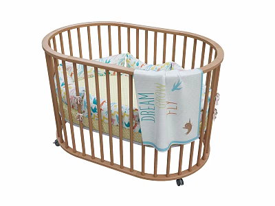 Wooden Oval Baby Crib with Light Wood Finish Mattress and Patterned DREAM Blanket on Wheels 3d model