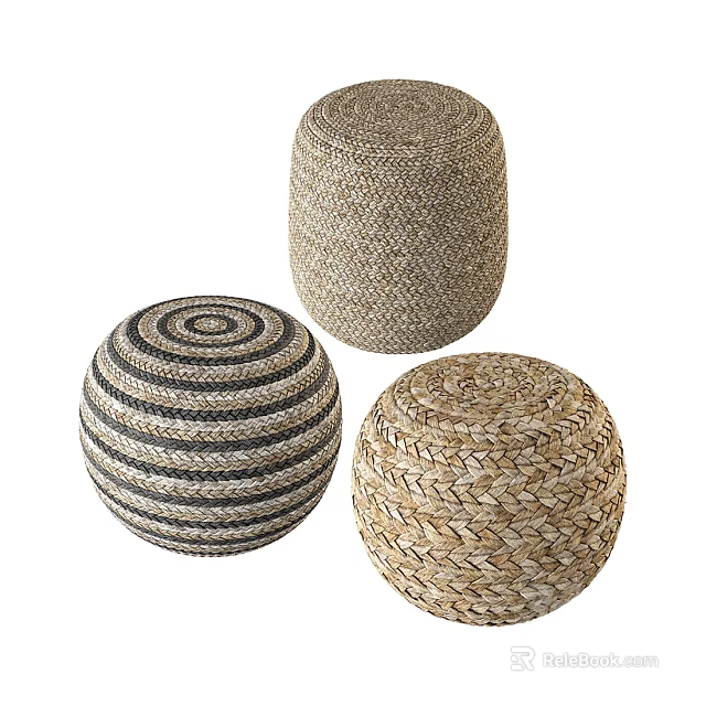 Three Woven Stools With Different Patterns And Natural Tones For Home Decor 3d model 