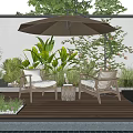 Serene Courtyard Garden With Wooden Deck Rattan Chairs Beige Umbrella Green Plants And Small Pool