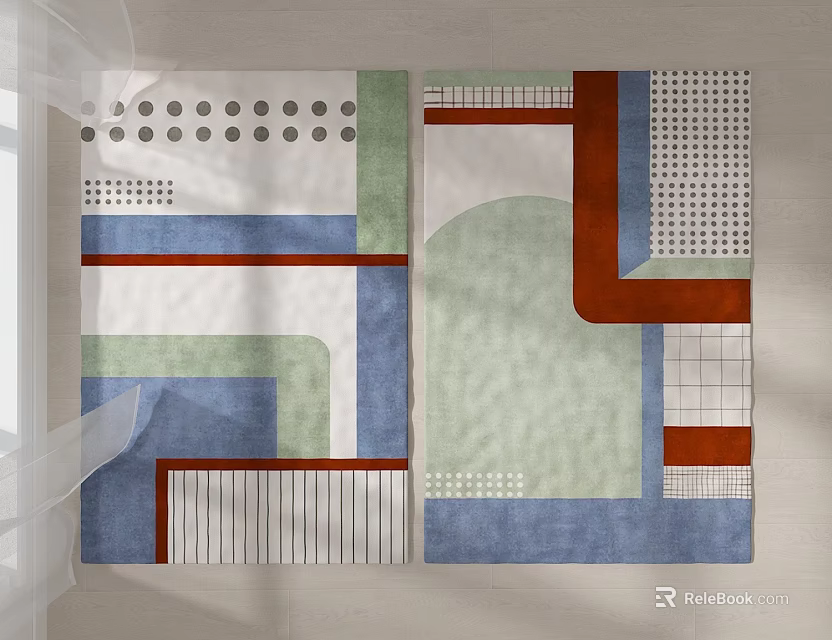 Square Rugs With Geometric Patterns Lines Dots Grid Blue Green Brown White 3d model